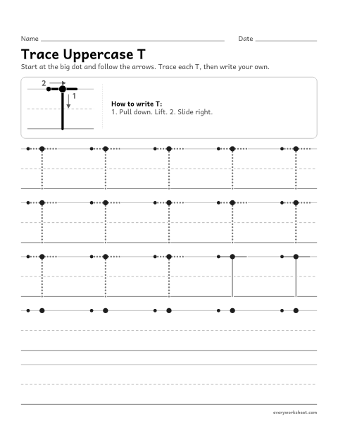 Preview of the printable “Trace uppercase T” worksheet: forming uppercase T