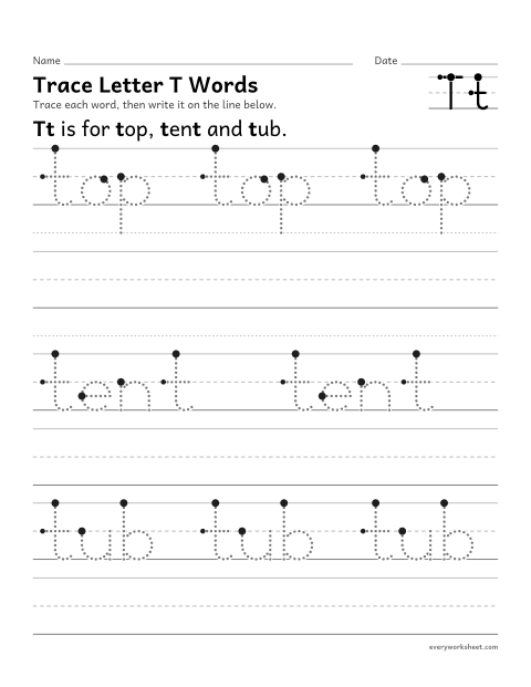 Preview of the printable “Trace letter T words” worksheet: writing words that start with Tt