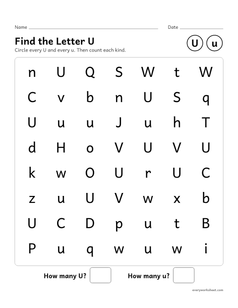 Preview of the printable “Find the letter U” worksheet: recognizing uppercase U and lowercase u