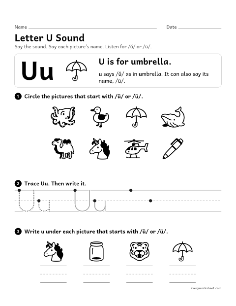 Preview of the printable “Letter U sound” worksheet: matching the letter U to its sound