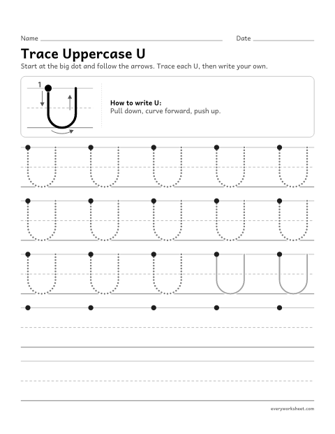 Preview of the printable “Trace uppercase U” worksheet: forming uppercase U