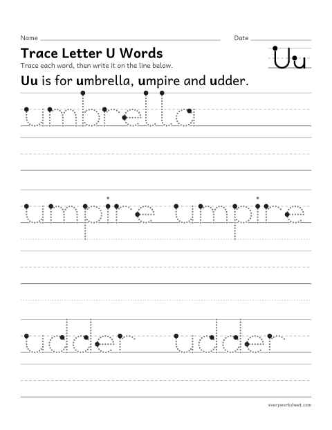 Preview of the printable “Trace letter U words” worksheet: writing words that start with Uu