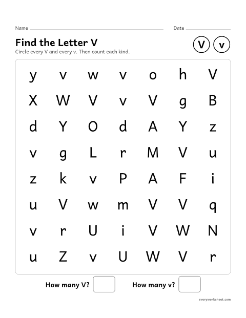 Preview of the printable “Find the letter V” worksheet: recognizing uppercase V and lowercase v