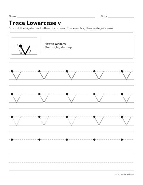 Preview of the printable “Trace lowercase v” worksheet: forming lowercase v