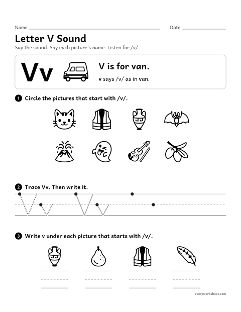 Preview of the printable “Letter V sound” worksheet: matching the letter V to its sound