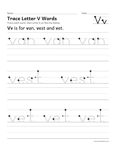Preview of the printable “Trace letter V words” worksheet: writing words that start with Vv