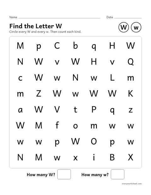 Preview of the printable “Find the letter W” worksheet: recognizing uppercase W and lowercase w
