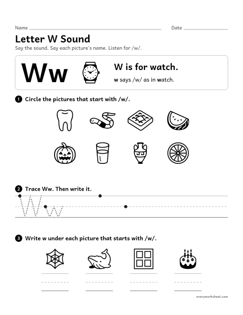 Preview of the printable “Letter W sound” worksheet: matching the letter W to its sound