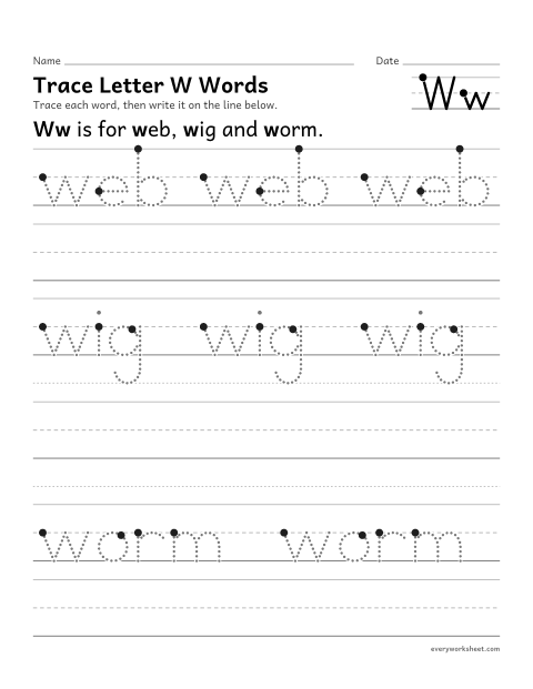 Preview of the printable “Trace letter W words” worksheet: writing words that start with Ww