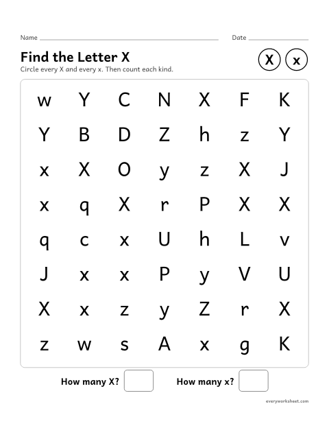 Preview of the printable “Find the letter X” worksheet: recognizing uppercase X and lowercase x