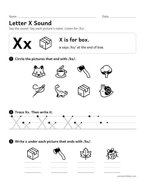 Preview of the printable “Letter X sound” worksheet: matching the letter X to its sound