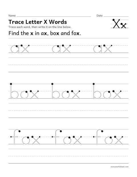 Preview of the printable “Trace letter X words” worksheet: writing words with Xx