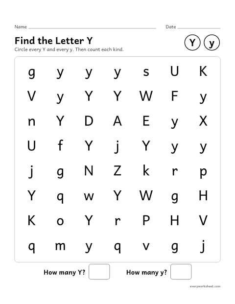 Preview of the printable “Find the letter Y” worksheet: recognizing uppercase Y and lowercase y