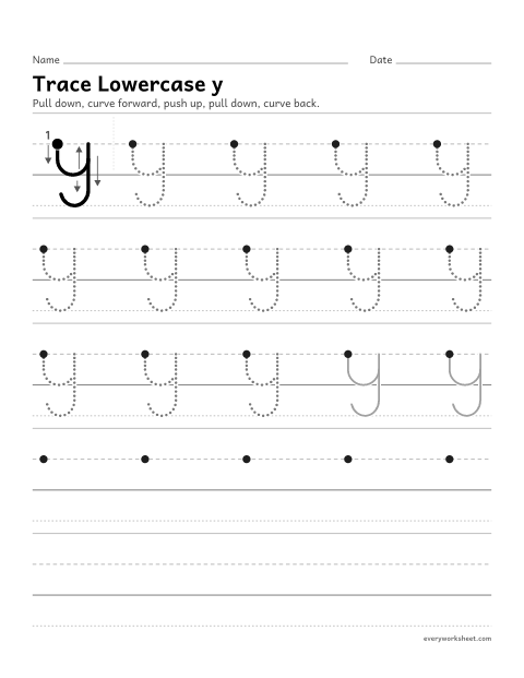 Preview of the printable “Trace lowercase y” worksheet: forming lowercase y