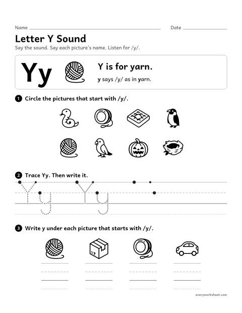 Preview of the printable “Letter Y sound” worksheet: matching the letter Y to its sound