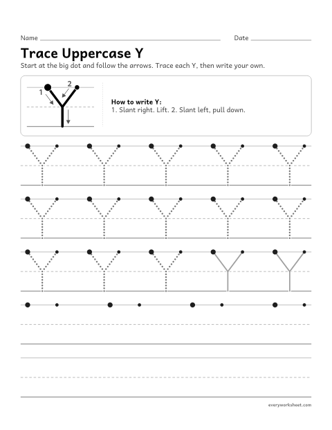 Preview of the printable “Trace uppercase Y” worksheet: forming uppercase Y