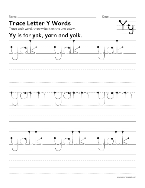 Preview of the printable “Trace letter Y words” worksheet: writing words that start with Yy