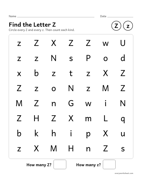 Preview of the printable “Find the letter Z” worksheet: recognizing uppercase Z and lowercase z