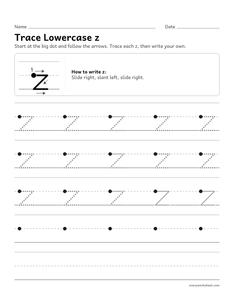 Preview of the printable “Trace lowercase z” worksheet: forming lowercase z