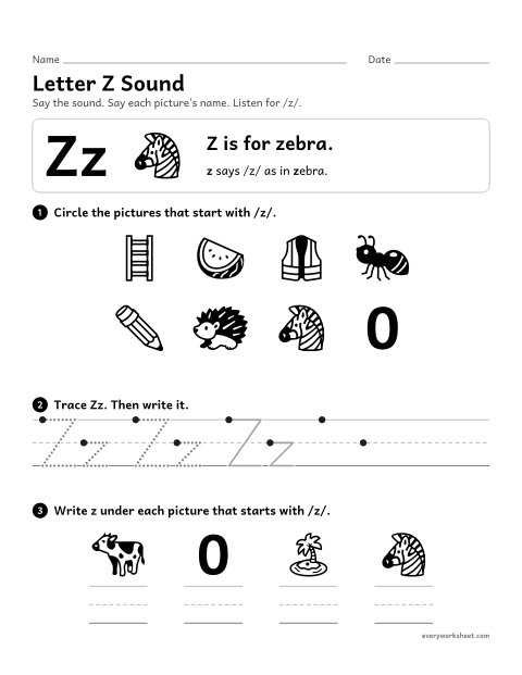 Preview of the printable “Letter Z sound” worksheet: matching the letter Z to its sound
