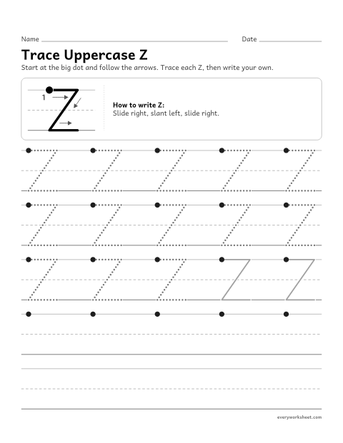 Preview of the printable “Trace uppercase Z” worksheet: forming uppercase Z