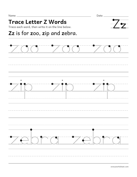 Preview of the printable “Trace letter Z words” worksheet: writing words that start with Zz