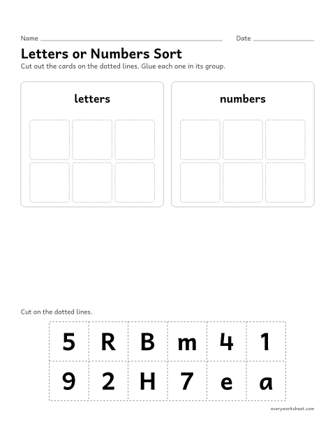 Preview of the printable “Letters or numbers sort” worksheet: telling letters apart from numbers