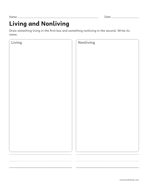 Preview of the printable “Draw living and nonliving things” worksheet: drawing and naming living and nonliving things