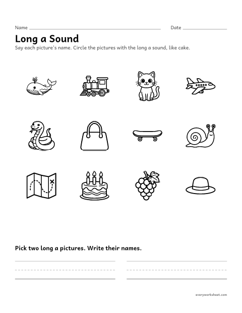 Preview of the printable “Long a Sound: circle the pictures” worksheet: hearing the long a sound in picture names