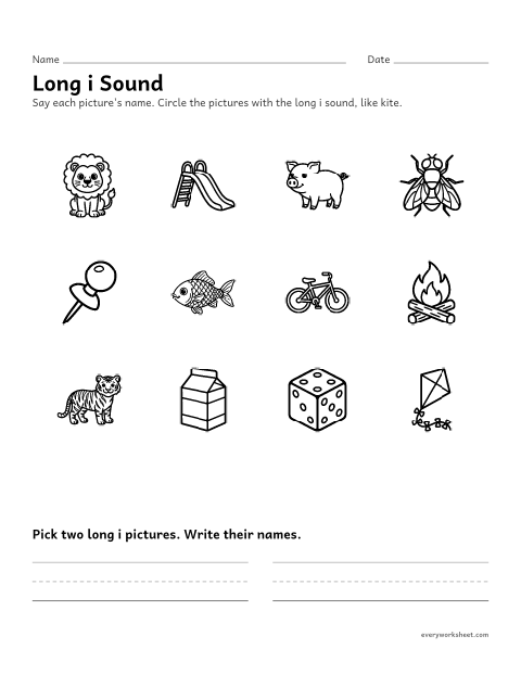 Preview of the printable “Long i Sound: circle the pictures” worksheet: hearing the long i sound in picture names