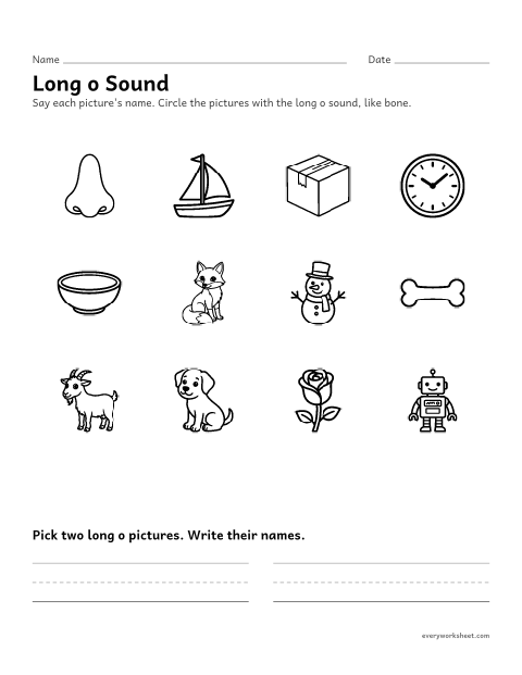 Preview of the printable “Long o Sound: circle the pictures” worksheet: hearing the long o sound in picture names