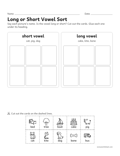 Preview of the printable “Long or short vowel Sort: cut and paste” worksheet: sorting pictures by long or short vowel sound