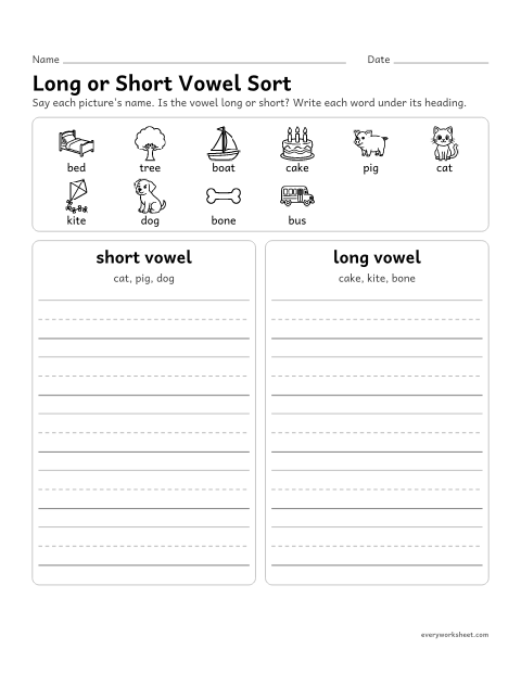 Preview of the printable “Long or short vowel sort (No Cutting)” worksheet: sorting words by long or short vowel sound