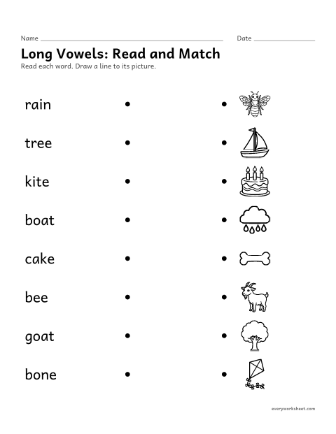 Preview of the printable “Long Vowels: read and match” worksheet: reading long vowel words and matching them to pictures