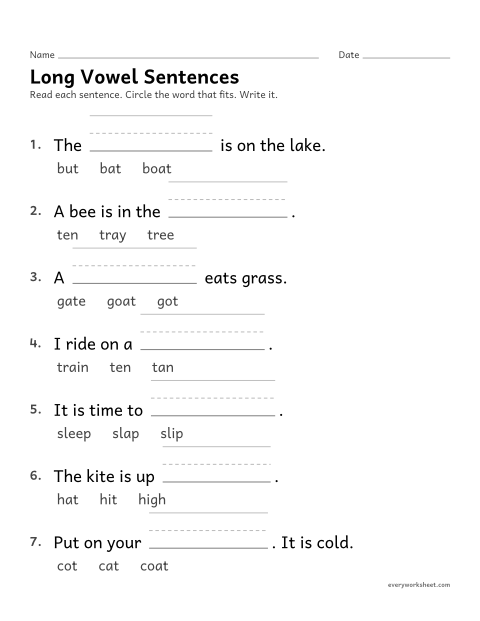 Preview of the printable “Long vowel sentences” worksheet: choosing the long vowel word that fits a sentence