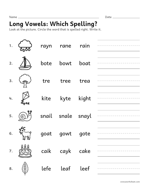 Preview of the printable “Long Vowels: which Spelling?” worksheet: choosing the right spelling of a long vowel word
