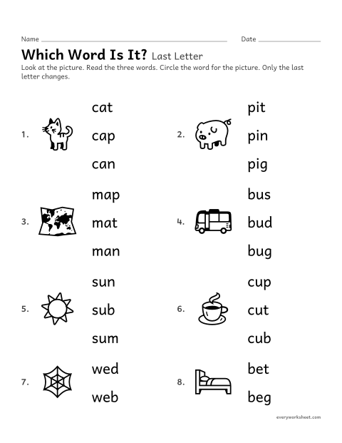 Preview of the printable “Look-Alike Words: last letter” worksheet: telling apart words that differ by one sound