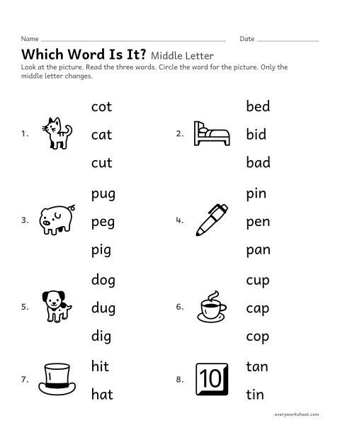 Preview of the printable “Look-Alike Words: middle letter” worksheet: telling apart words that differ by one sound