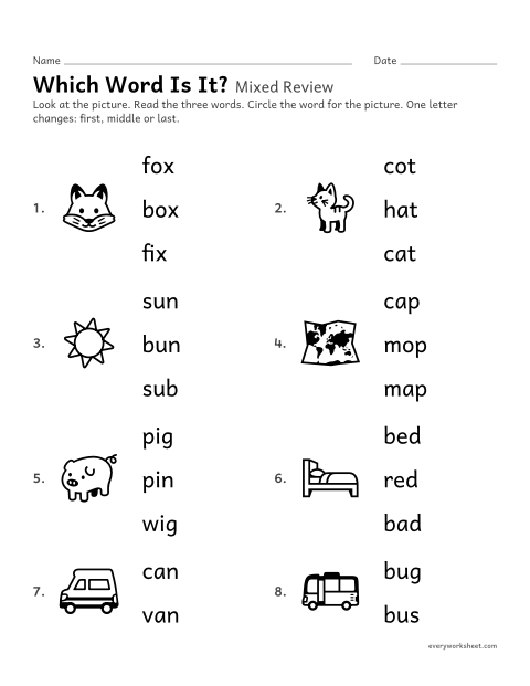 Preview of the printable “Look-Alike Words: mixed review” worksheet: telling apart words that differ by one sound