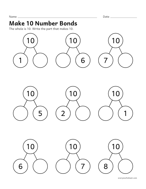 Preview of the printable “Make 10 number bonds” worksheet: finding the part that makes 10 in a number bond