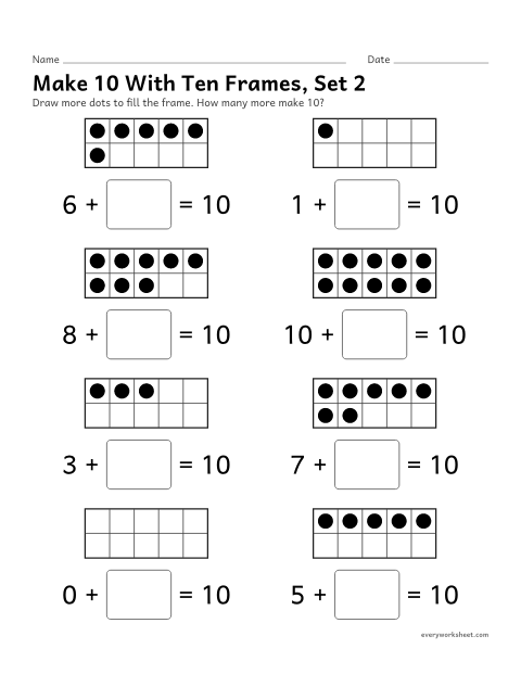 Preview of the printable “Make 10 with ten Frames, set 2” worksheet: filling a ten frame to find the number that makes 10