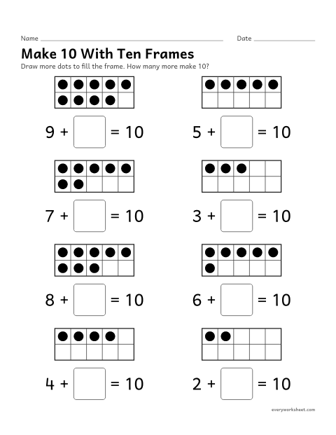 Preview of the printable “Make 10 with ten frames” worksheet: filling a ten frame to find the number that makes 10