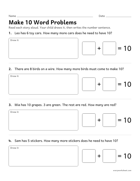 Preview of the printable “Make 10 word problems” worksheet: solving make-10 word problems by drawing