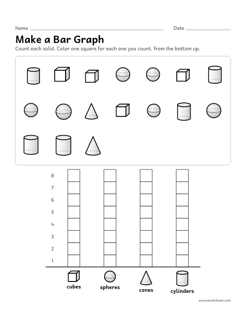 Preview of the printable “Make a bar graph” worksheet: counting groups and coloring a bar graph