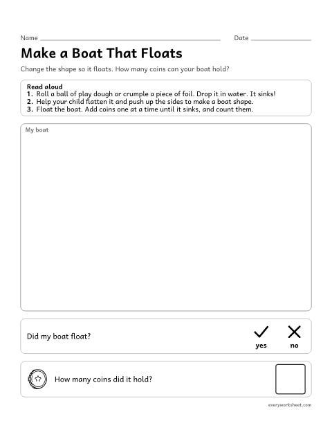 Preview of the printable “Design Challenge: make a clay or foil boat float” worksheet: changing a shape so it floats