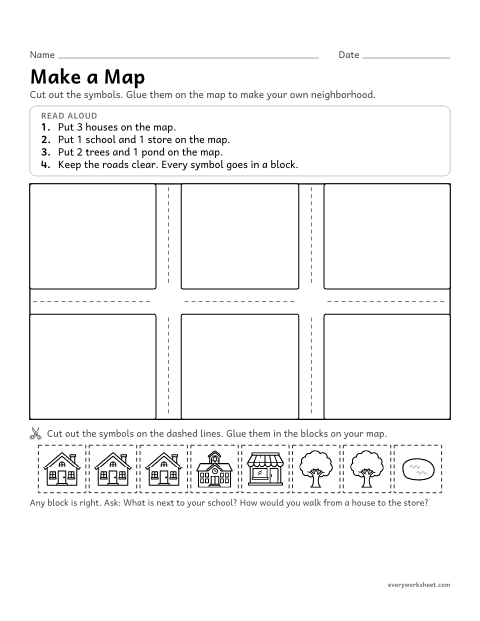 Preview of the printable “Make a map cut and paste” worksheet: building a neighborhood map with map symbols