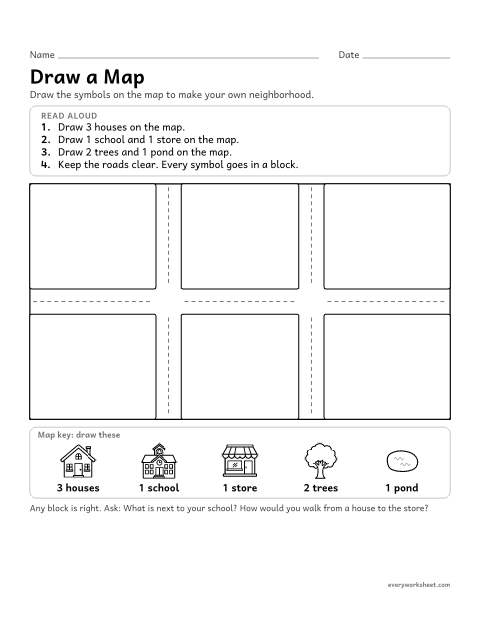 Preview of the printable “Make a Map: draw your neighborhood” worksheet: drawing a neighborhood map with map symbols