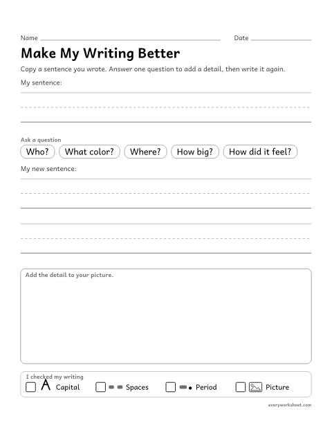 Preview of the printable “Make my writing Better: add a detail” worksheet: responding to questions to add details to writing