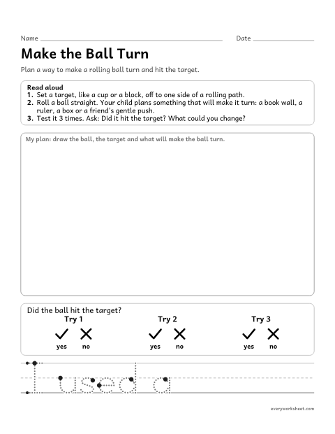 Preview of the printable “Design Challenge: change the Ball's direction” worksheet: designing a way to change a ball's direction