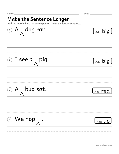 Preview of the printable “Make the sentence longer” worksheet: expanding a sentence by adding a word